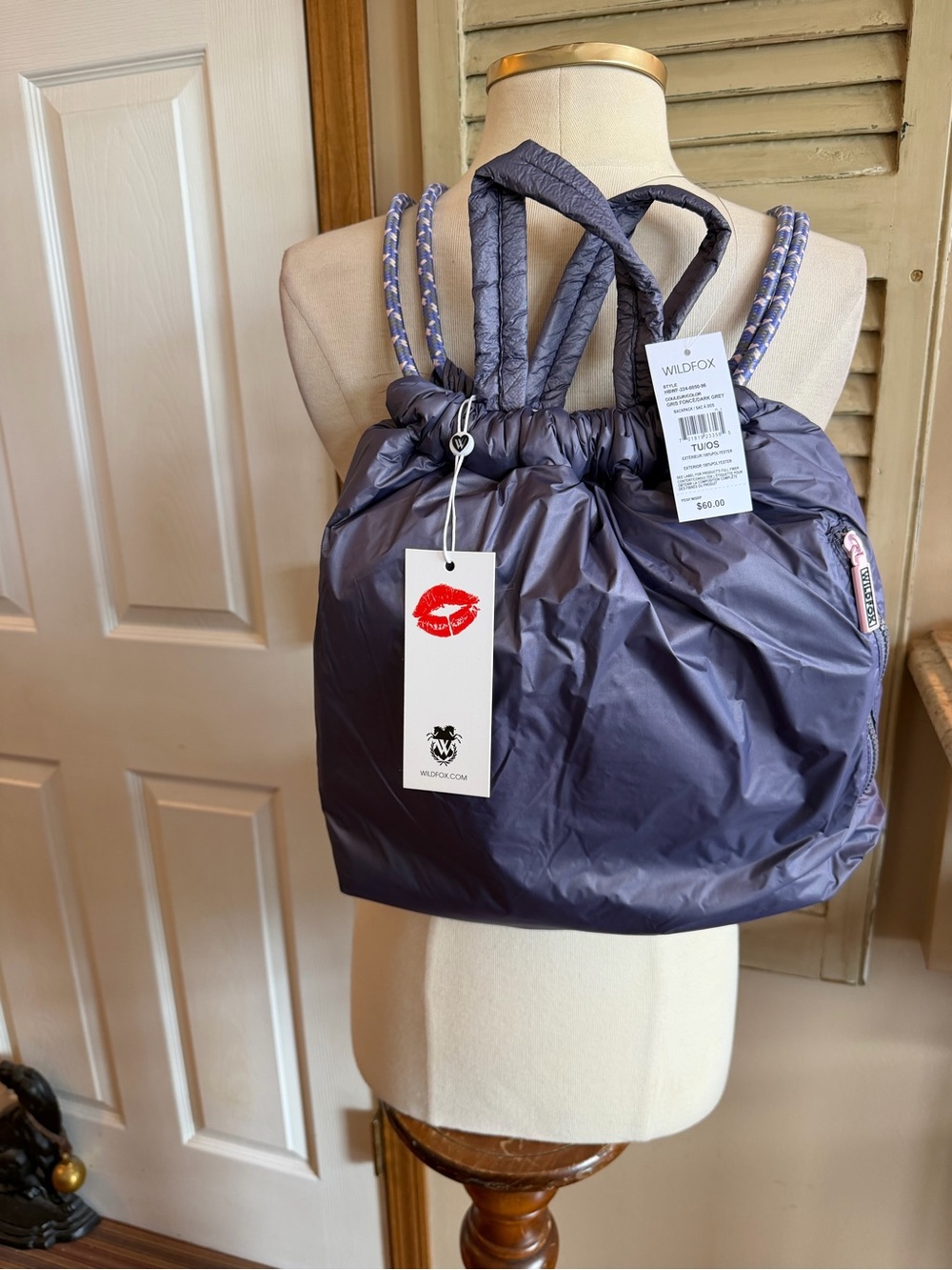 Wildfox Slate Drawstring Nylon Tote with Braided Handles Backpack 💜💜💜💜💜🧚🏻